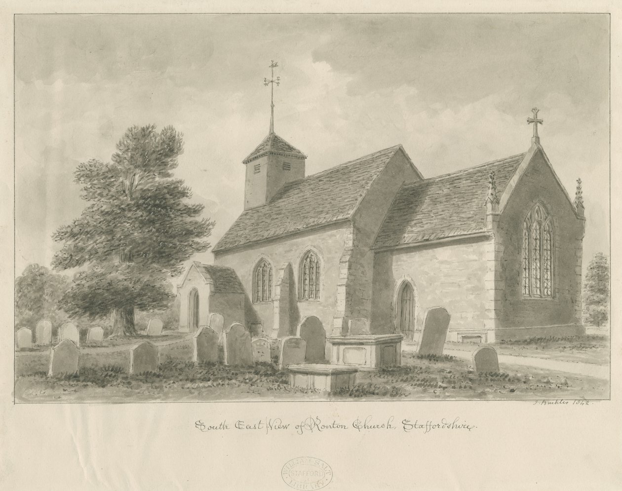 Ranton Kirche: Sepiazeichnung, 1842 von John Buckler