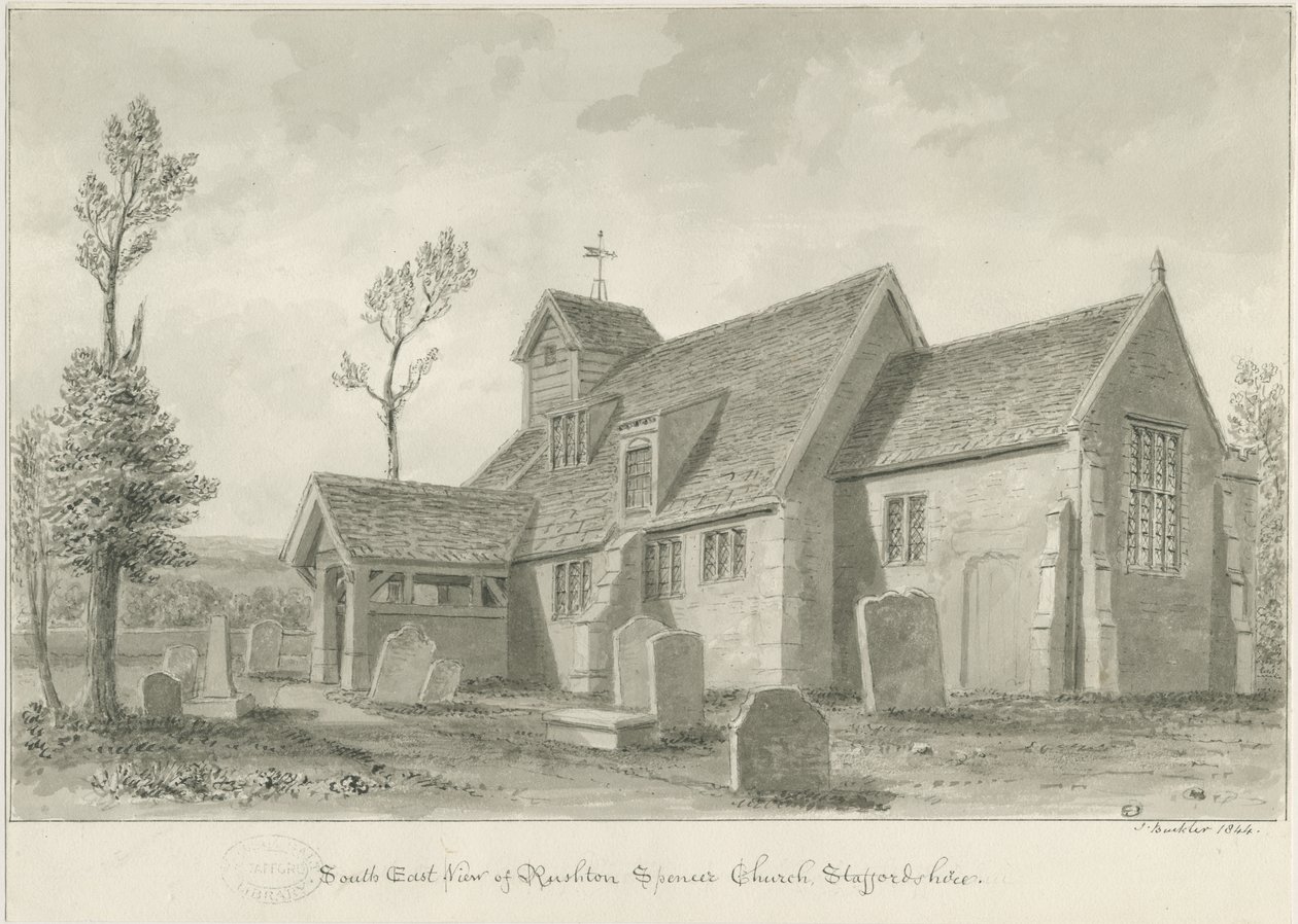 Rushton Spencer Kirche: Sepiawaschzeichnung, 1844 von John Buckler