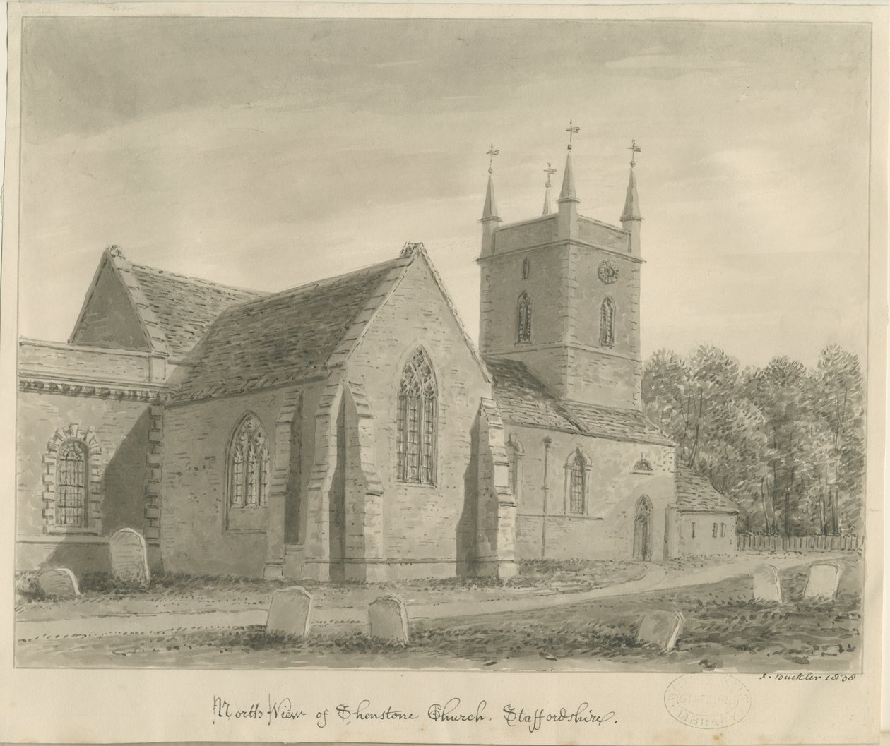 Shenstone Kirche: Sepia-Zeichnung von John Buckler