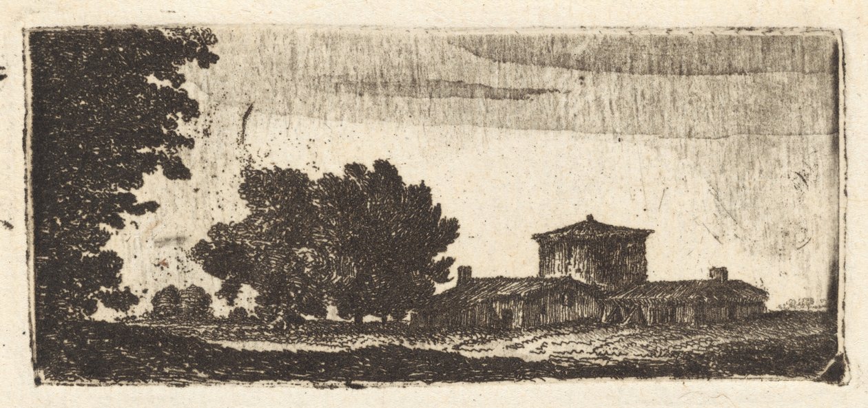 Bäume mit einem niedrigen Gebäude von John Clerk, of Eldin