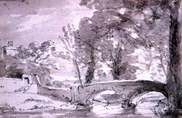 Brücke mit Bäumen und Gebäuden in Haddon von John Constable