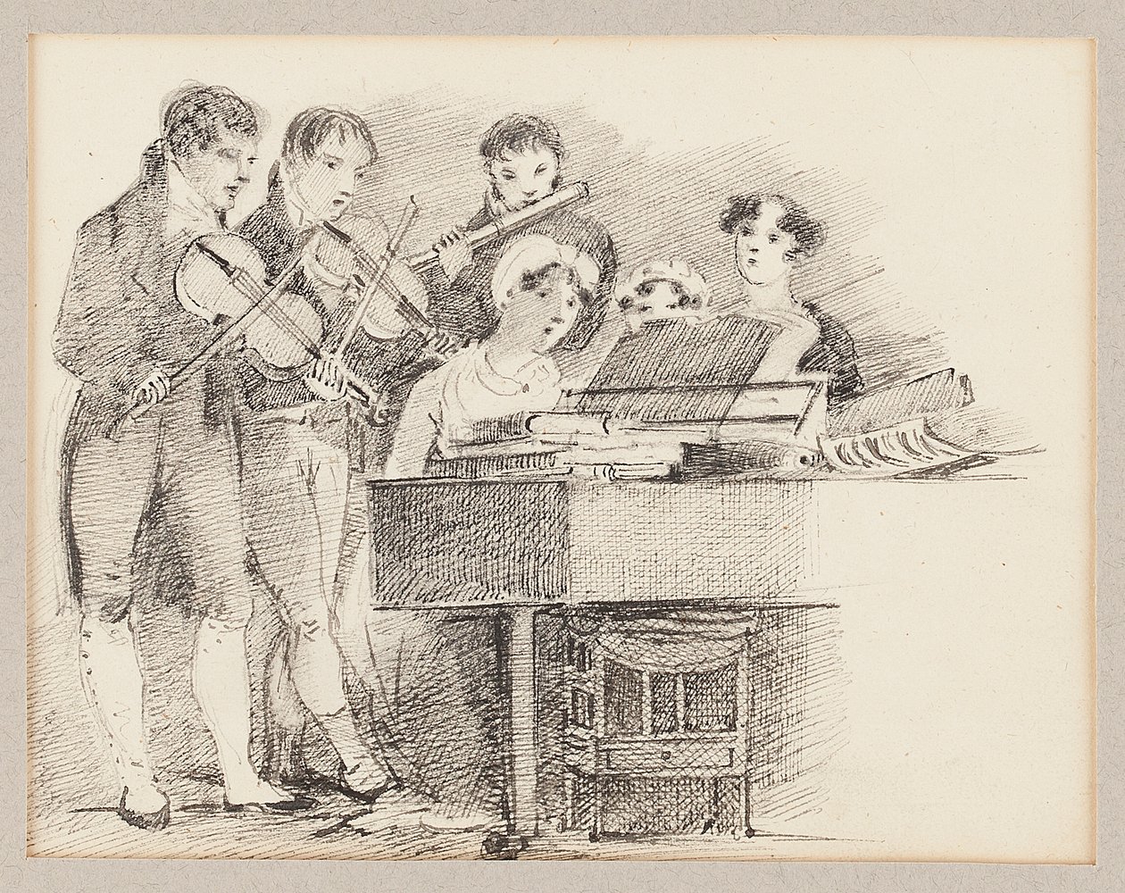 Pianist begleitet von Geigern und einem Flötisten von John Harden