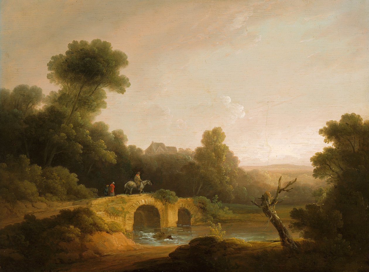 Landschaft mit Figuren, die eine Brücke überqueren von John Rathbone