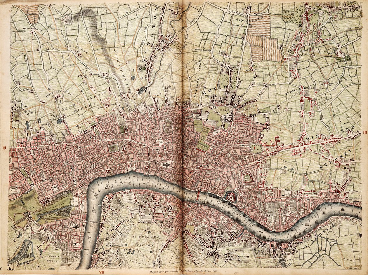 Karte von Islington, Westminster, City und Southwark von John Rocque