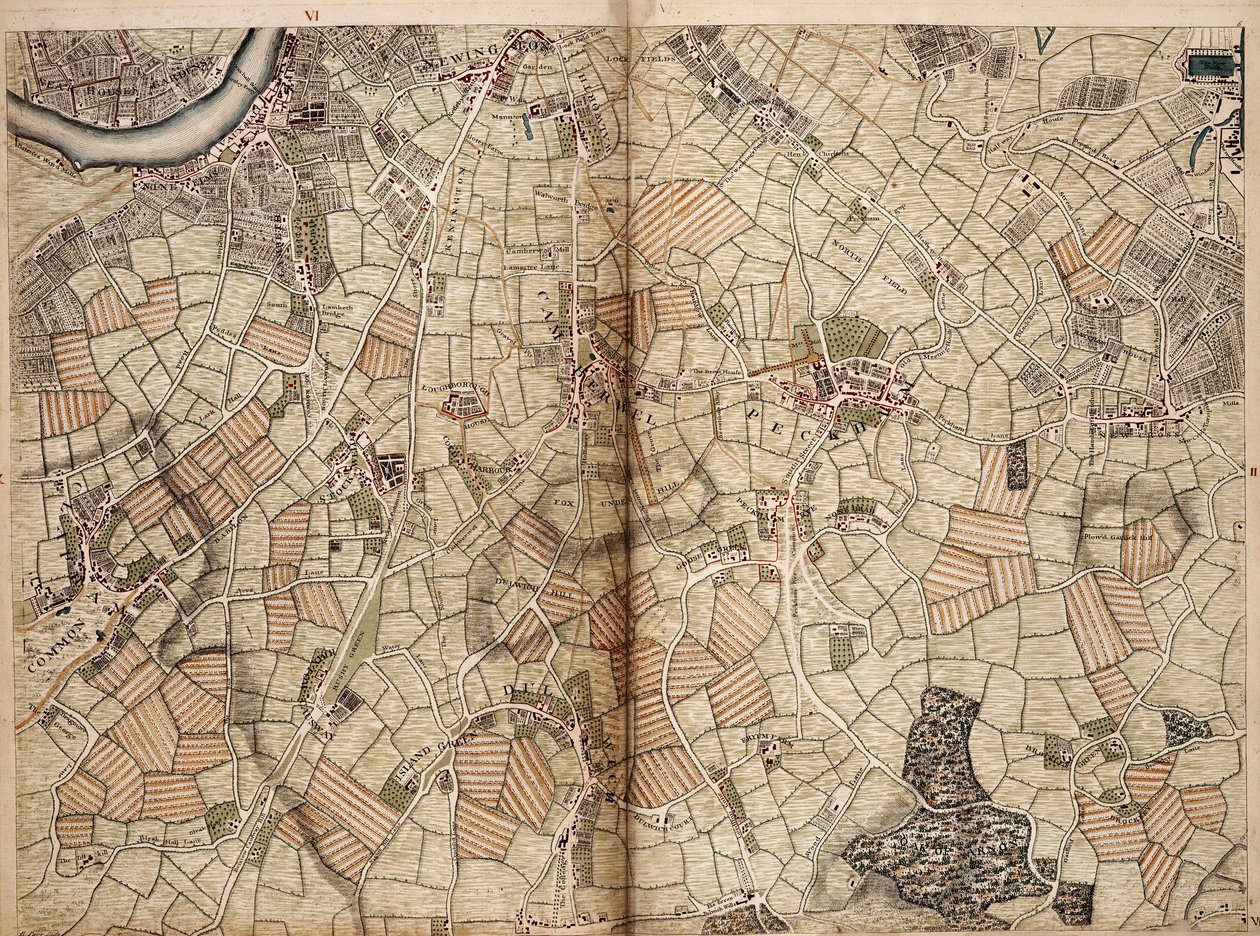 Karte von Vauxhall, Clapham, Peckham und Dulwich von John Rocque