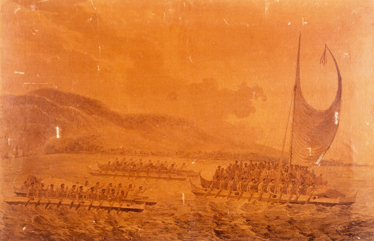 Kanus auf dem Weg, um Kapitän James Cook zu treffen von John Webber
