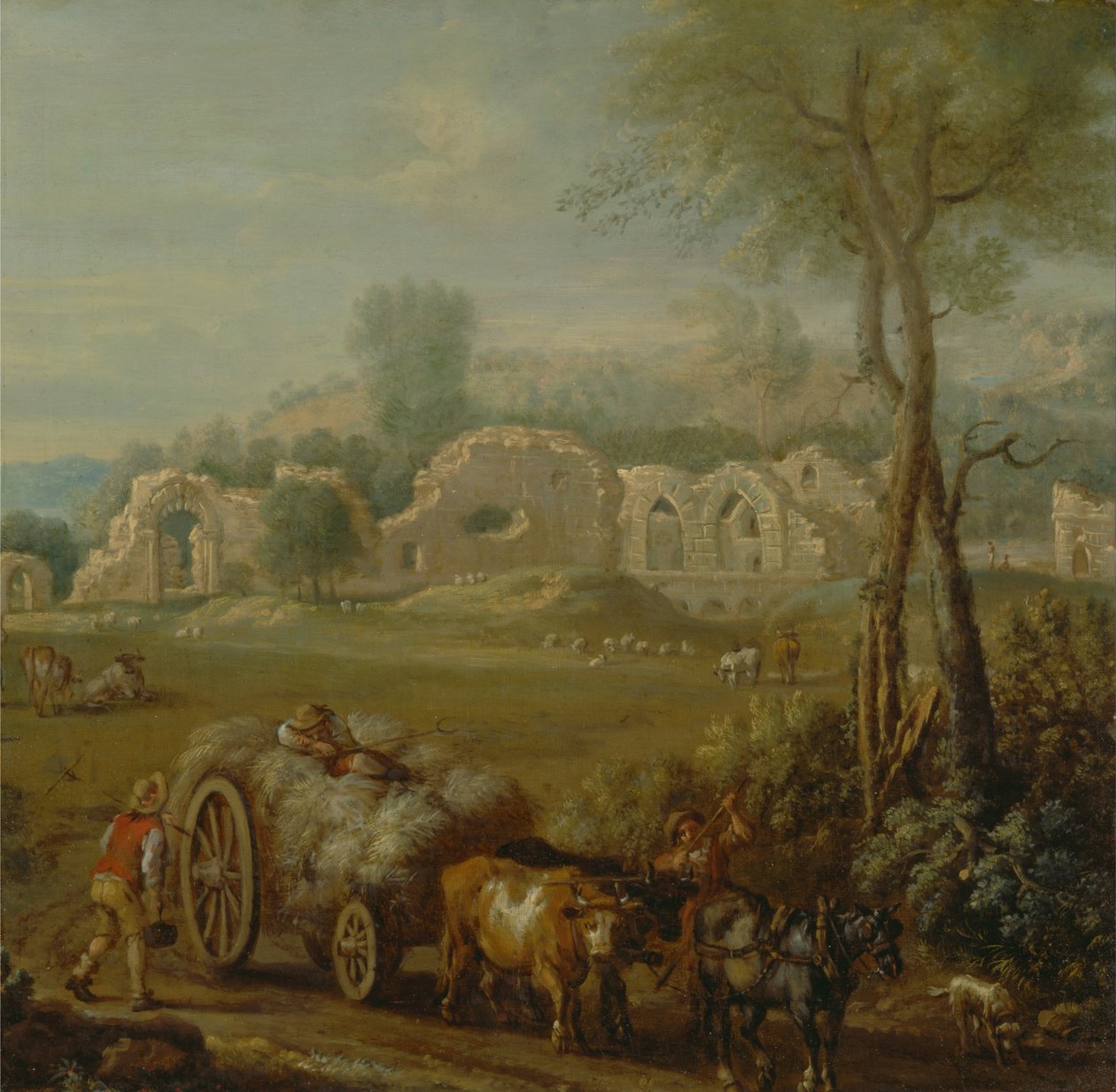 Heuwagen passiert eine verfallene Abtei von John Wootton