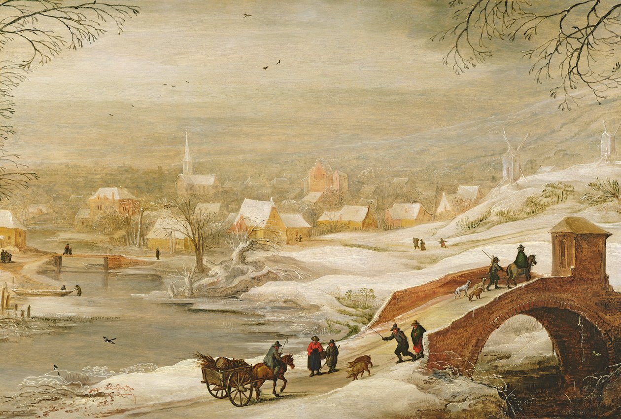 Eine Winterflusslandschaft mit Reisenden auf einer Brücke und einer Stadt in der Ferne, späte 1720er Jahre von Joos or Josse de Momper