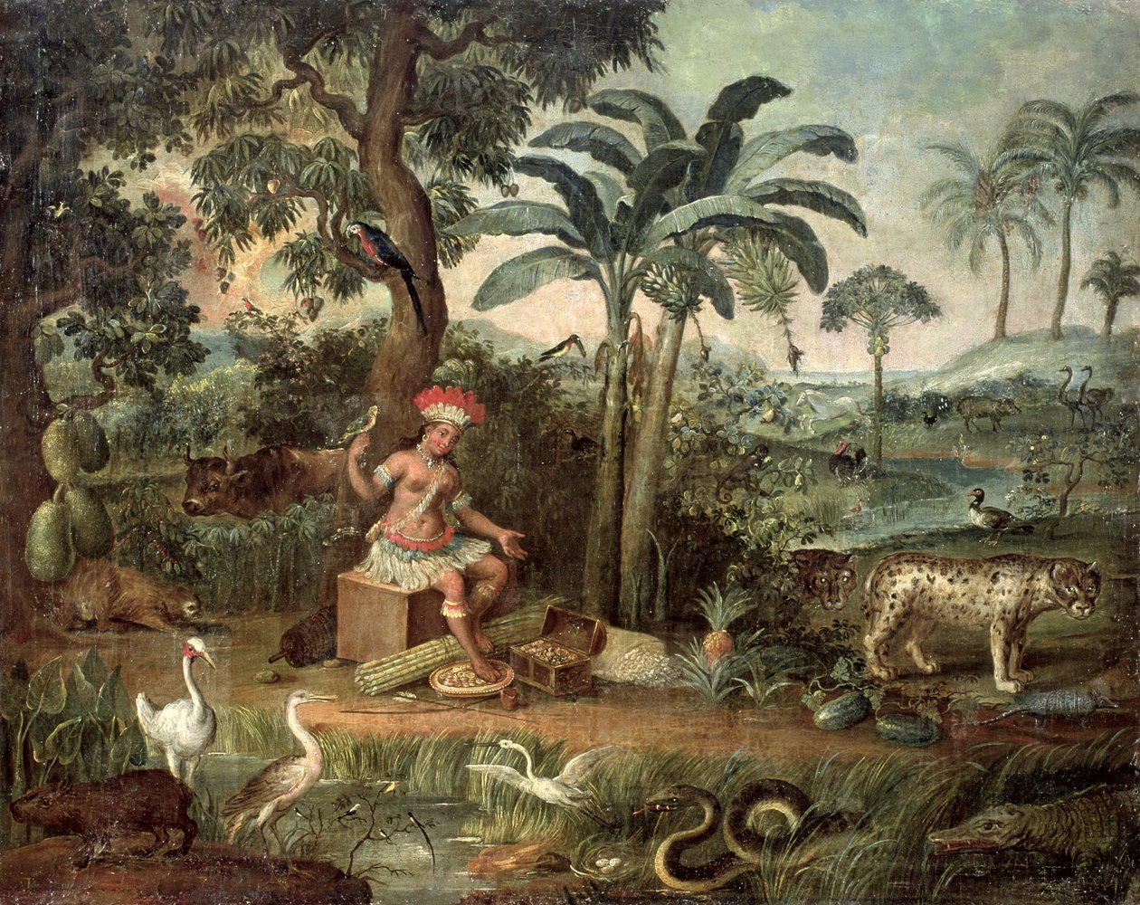 Einheimischer Indianer in einer Landschaft mit Tieren von Jose Teofilo de Jesus