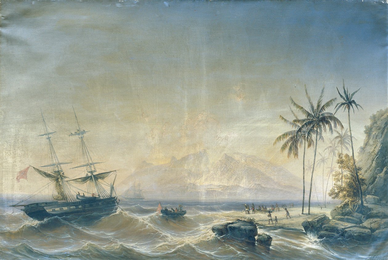 Kriegsschiff vor den Südseeinseln von Josef Carl Berthold Püttner