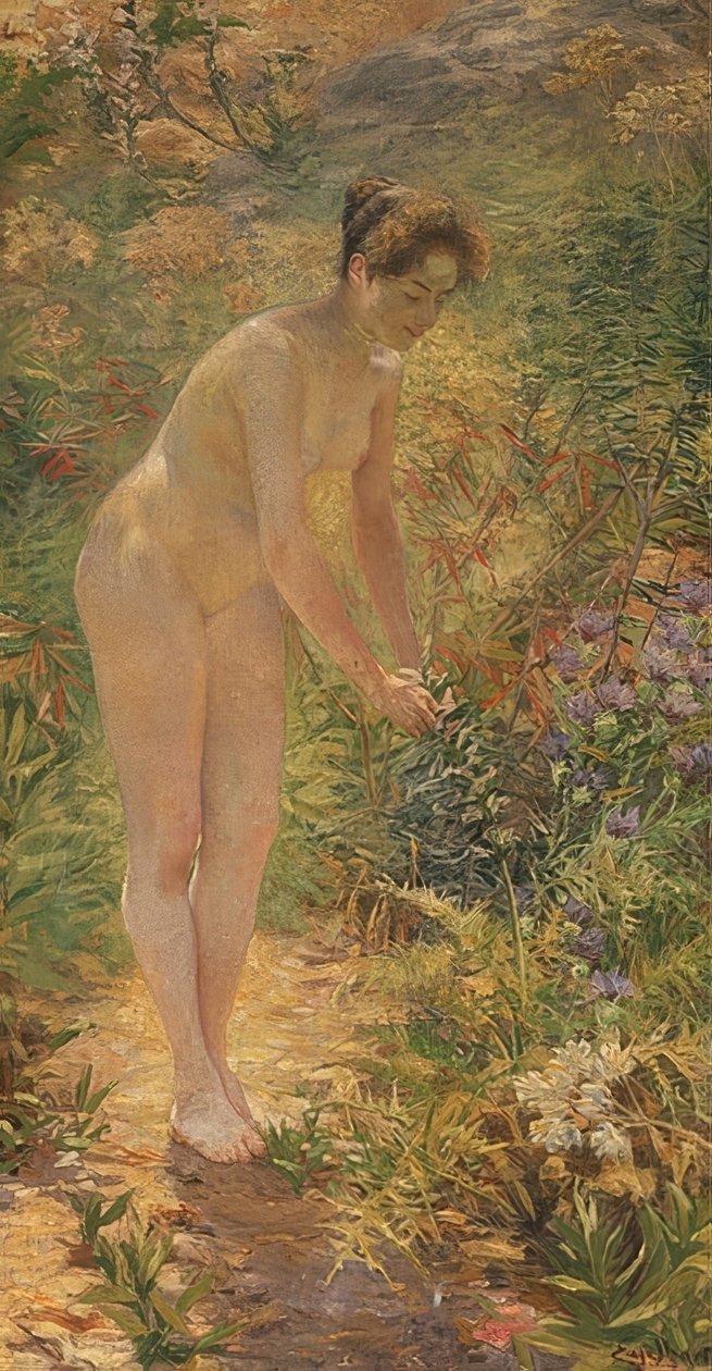 Stehender weiblicher Akt im Garten. Um 1900 von Josef Engelhart