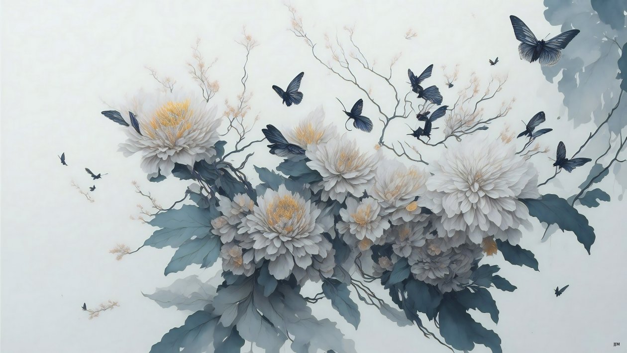 Tuschemalerei: Chrysanthemenblume in Weiß_01 von Josef Johann Michel