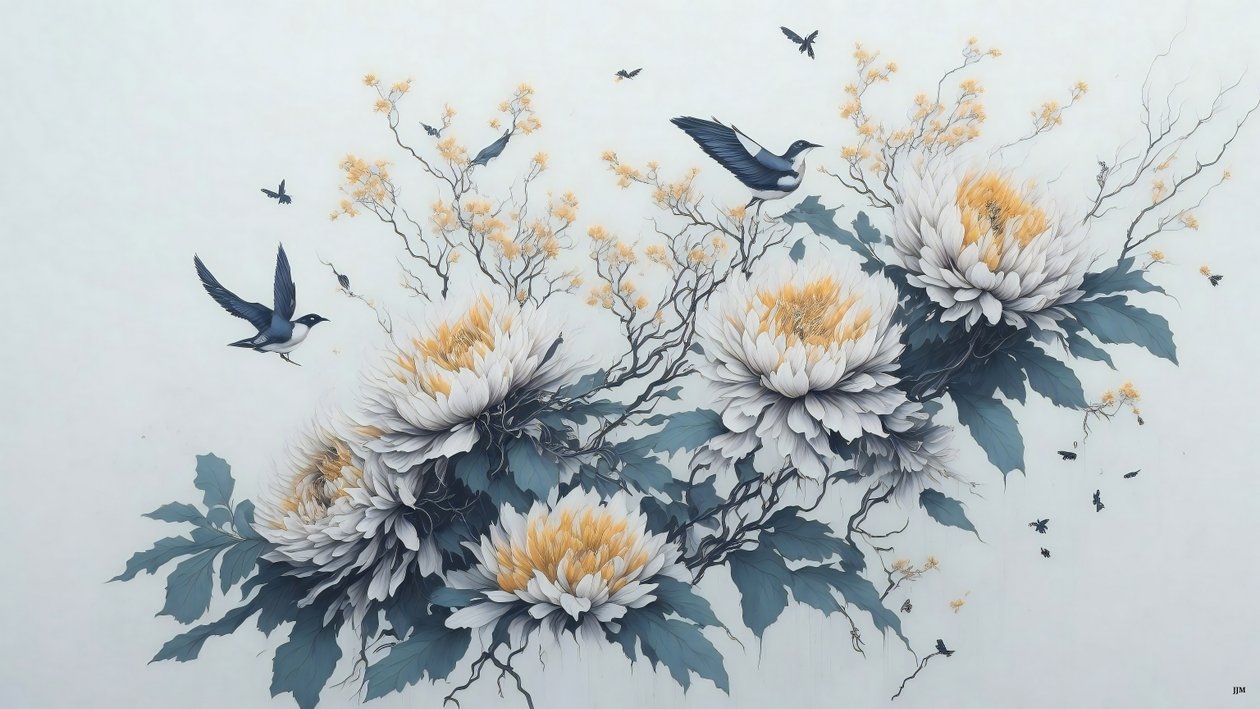 Tuschemalerei: Chrysanthemenblume in Weiß_02 von Josef Johann Michel