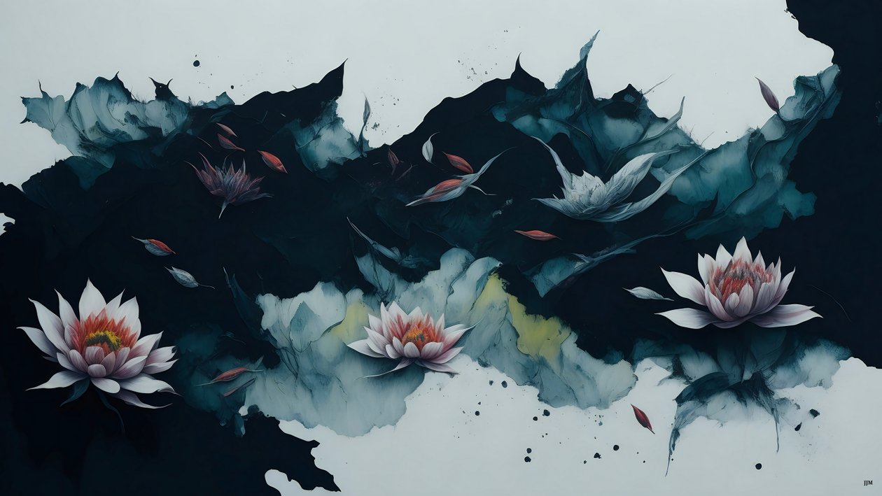 Tintenmalerei: Seerose schwarz 02 von Josef Johann Michel