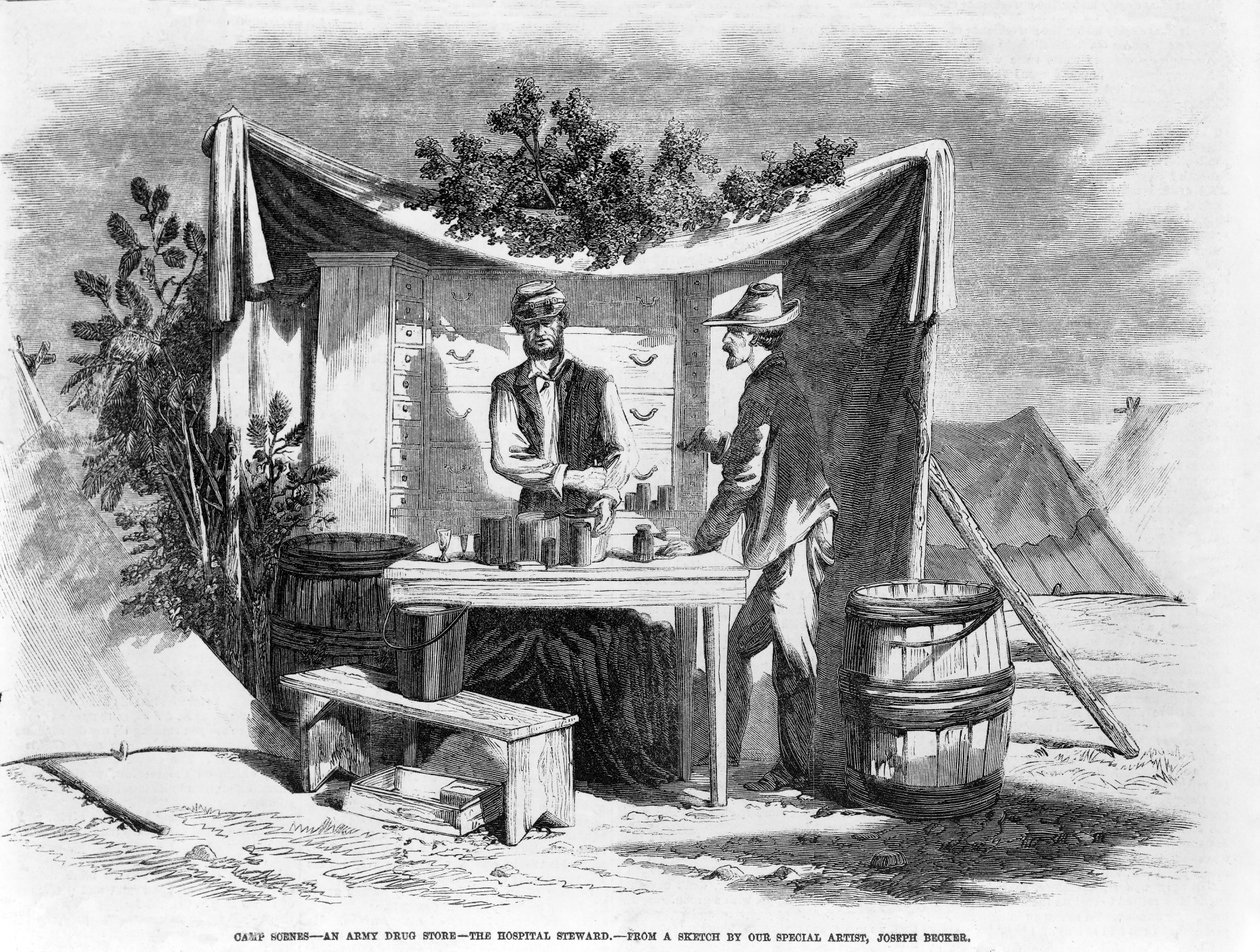 Lagerszenen - eine Armeedrogerie - der Krankenhausverwalter, veröffentlicht 1864 von Joseph Becker