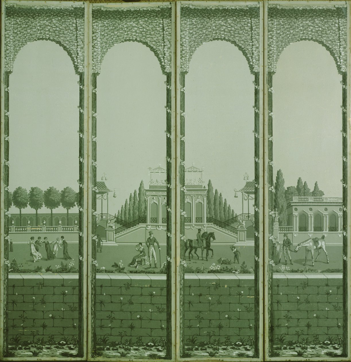 Blockgedruckter monochromer vierteiliger Paravent mit Figuren in einem ornamentalen Garten von Joseph Dufour