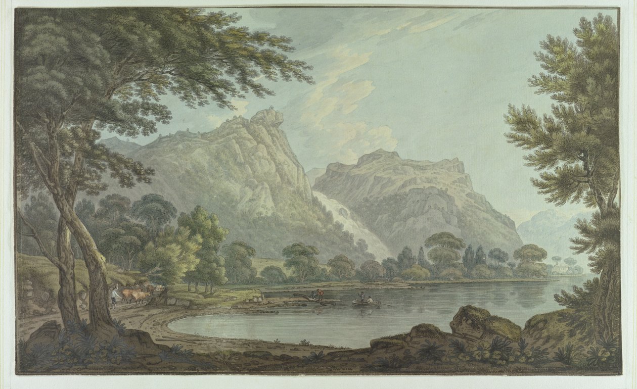 Lodore Felsen - Wasserfall und Hütte in der Ferne von Joseph Farington