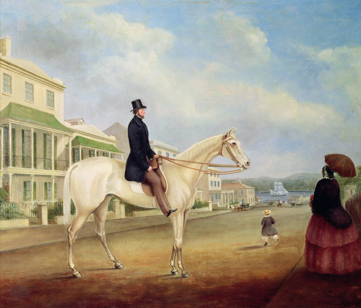 Reiter auf einem weißen Pferd, wahrscheinlich in der Macquarie Street North, ca. 1850 von Joseph Fowles