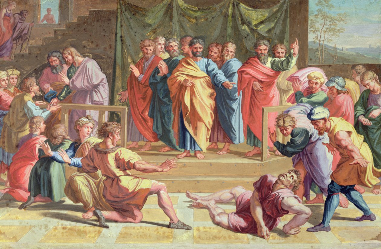 Tod des Ananias, nach einem Gemälde von Raphael (1483-1520), 1740 (Körperfarbe über Graphit auf Pergament) von Joseph Goupy