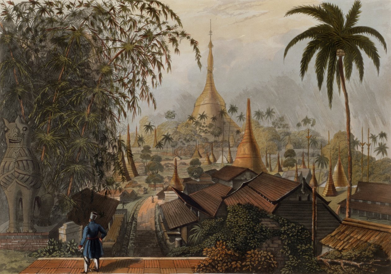 Ansicht der Großen Dagon-Pagode und der angrenzenden Landschaft, aufgenommen auf der östlichen Straße von Rangoon, Tafel 16 aus 