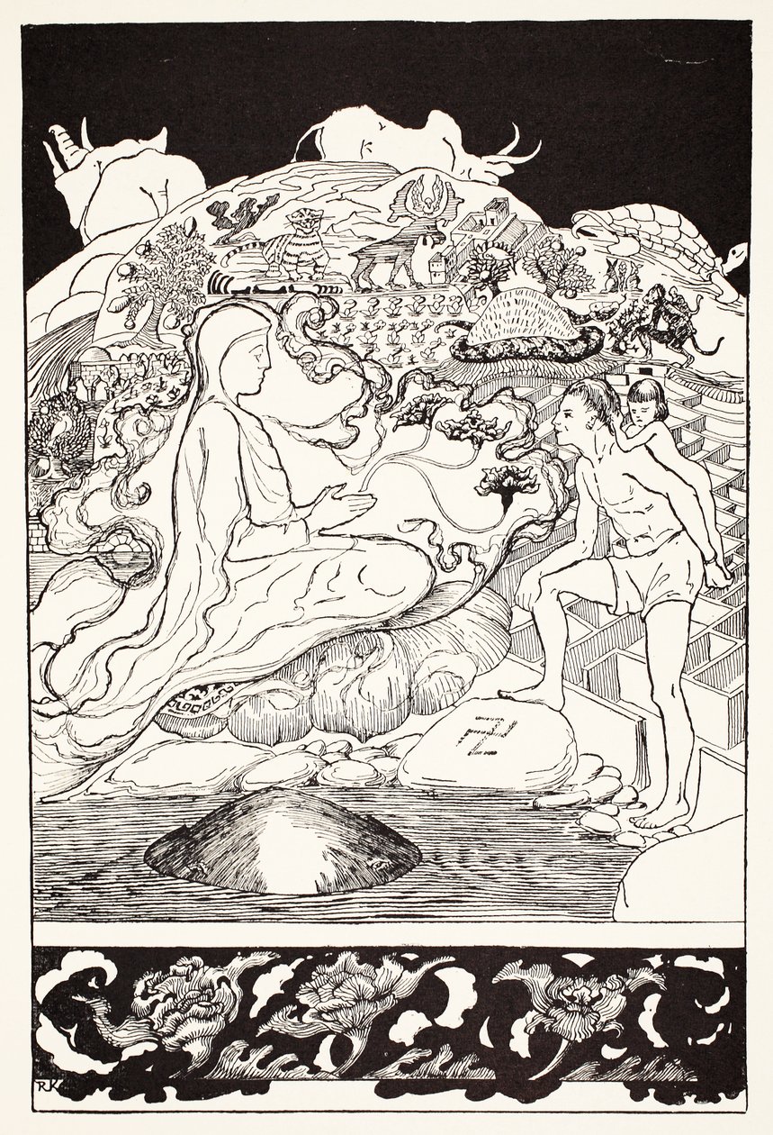 Pau Amma der Krabbe läuft weg, während der Älteste Magier mit dem Mann und seiner kleinen Tochter spricht, Illustration aus 