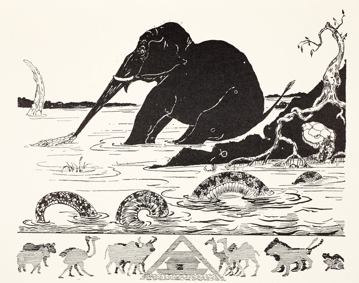 Das Elefantenkind, das von dem Krokodil an der Nase gezogen wird, Illustration aus 