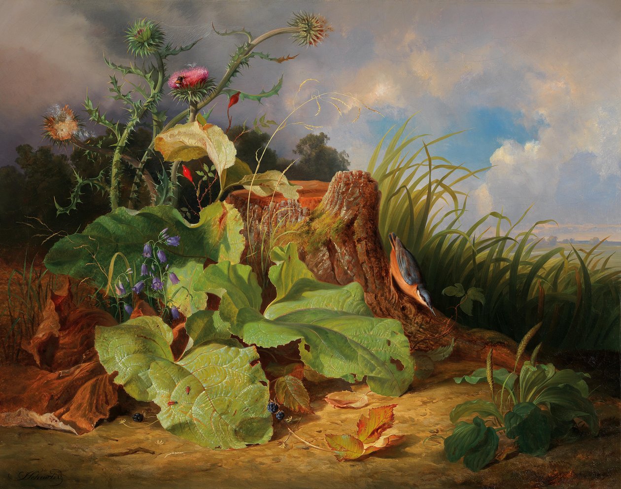 Stillleben mit Disteln, Glockenblumen, Hagebutten und einem Kleiber von Joseph Schuster
