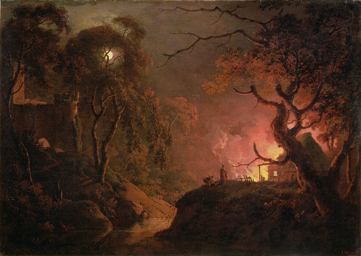 Ein brennendes Cottage bei Nacht, ca. 1785-93 von Joseph Wright of Derby