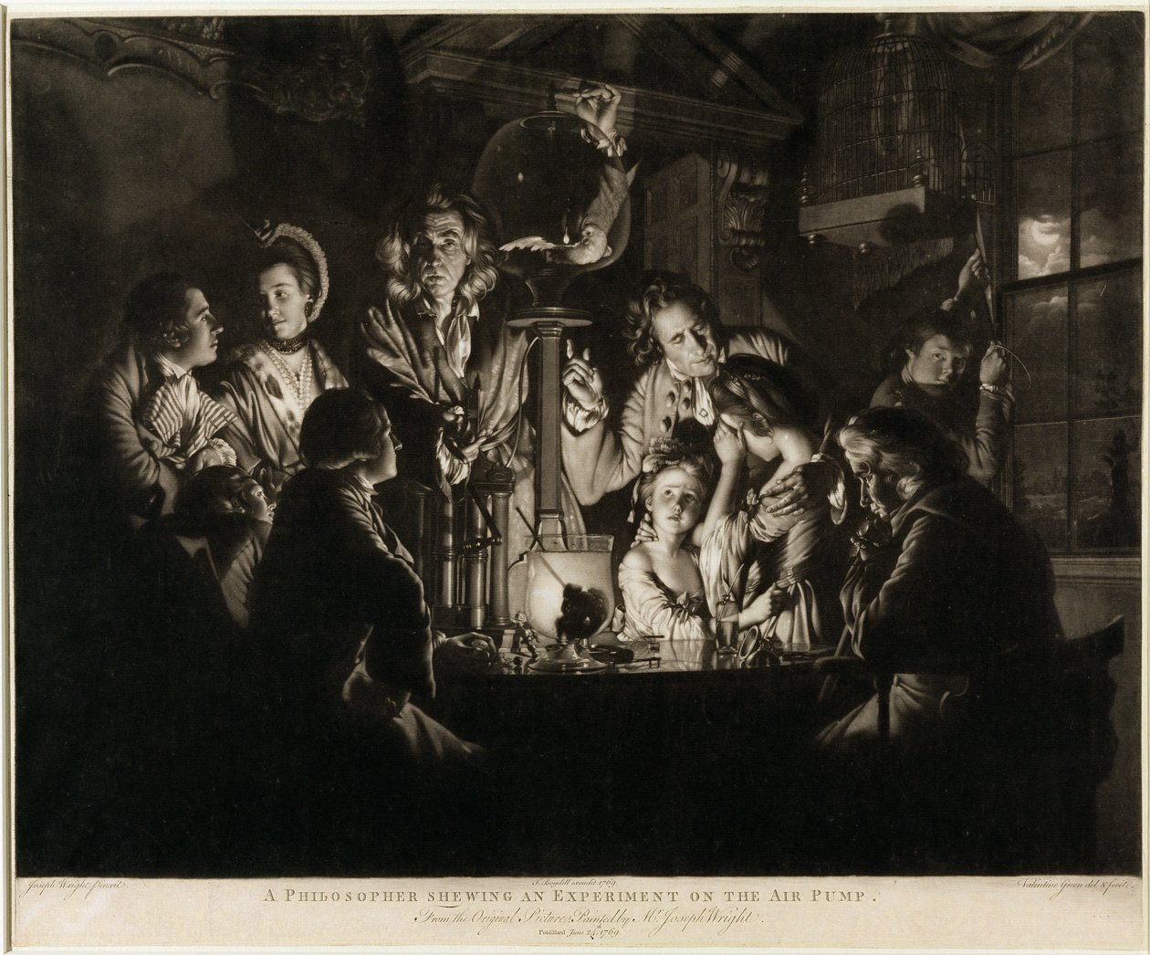 Ein Philosoph zeigt ein Experiment mit der Luftpumpe, graviert von Valentine Green (1739-1813) 1769 von Joseph Wright of Derby