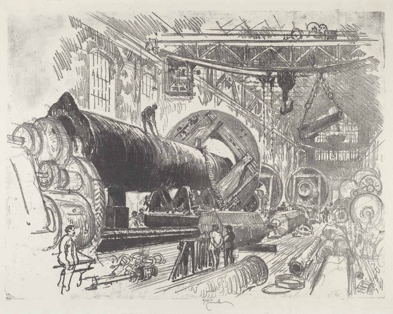 Schneiden und Drehen einer großen Kanone, 1916 von Joseph Pennell