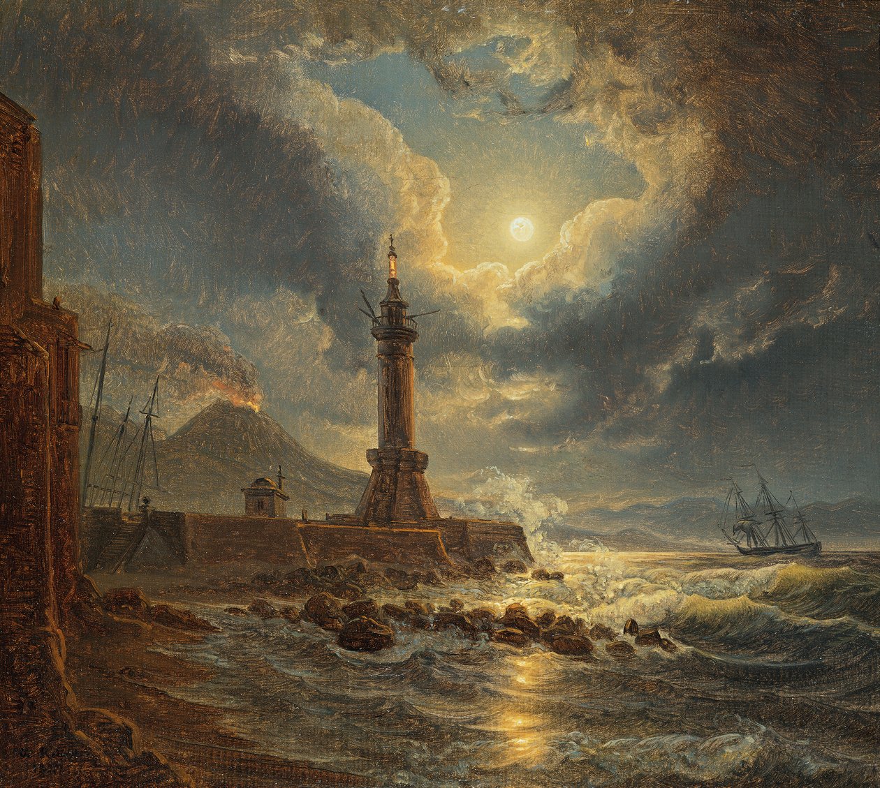 Leuchtturm im Hafen von Neapel bei Mondschein von Joseph Rebell