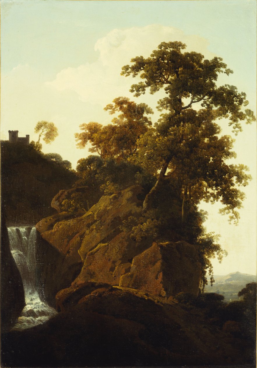 Felsige Landschaft mit Wasserfall von Joseph Wright of Derby