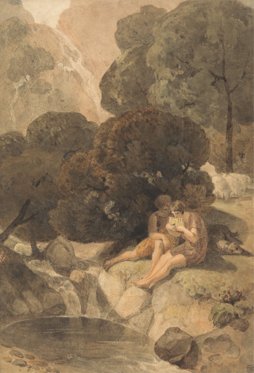 Arkadische Hirten an einem Teich von Joshua Cristall