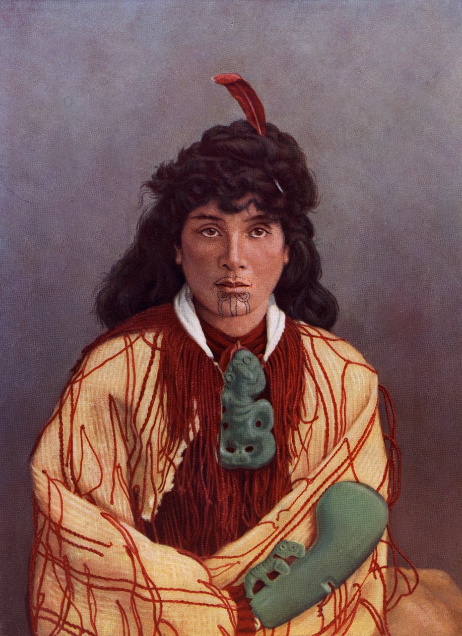 Porträt einer jungen Maori-Frau, Susan Rotorua, um 1890 (Farblithografie nach einem Albuminabzug) von Josiah Martin