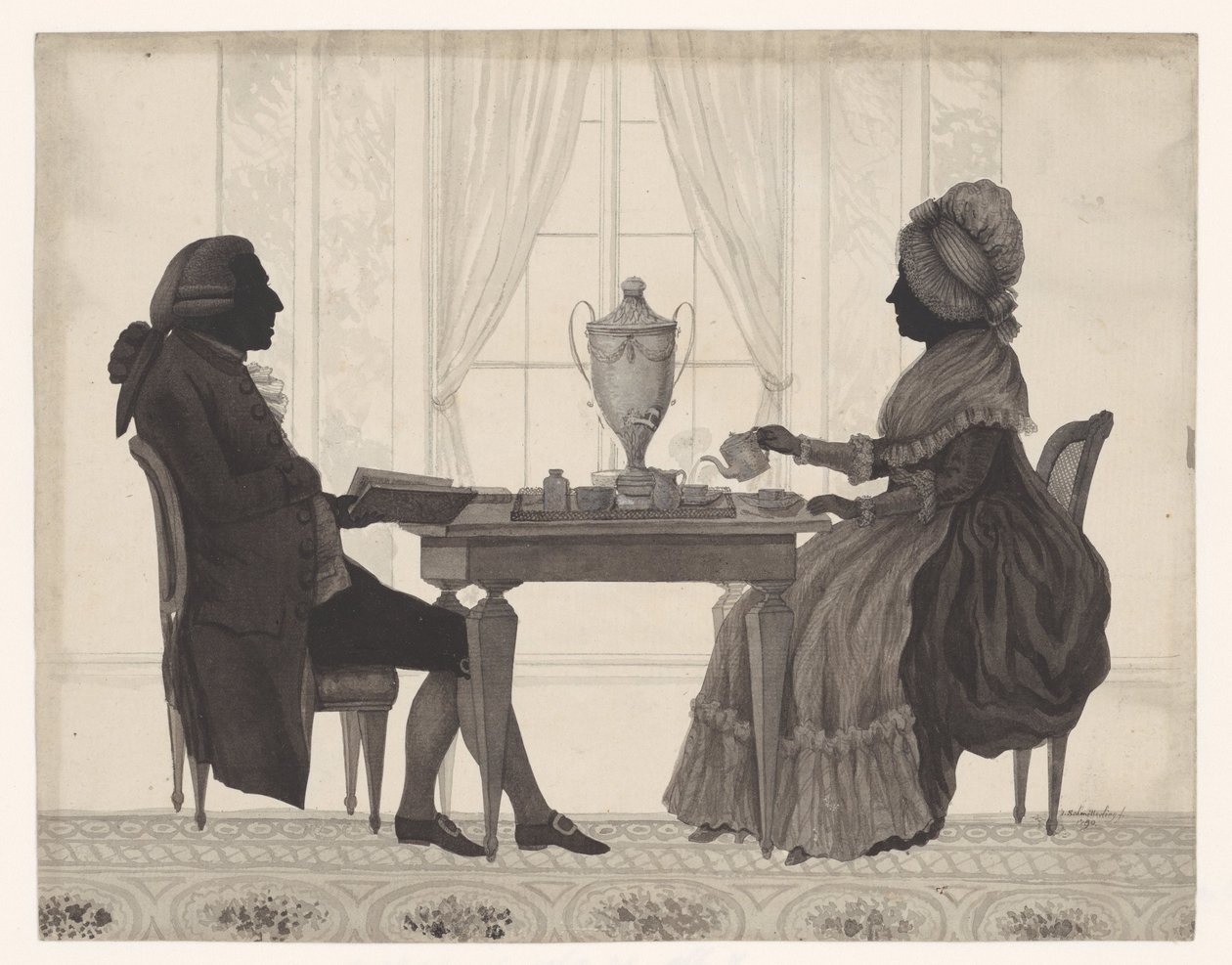 Silhouetten von Louis Metayer (*1728) und Antoinette Bernard (*1735) am Tisch von Jozef Adolf Schmetterling