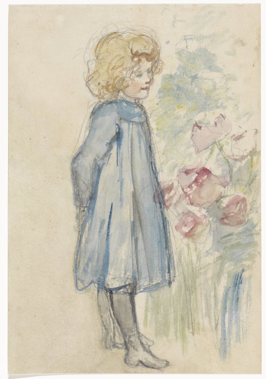 Stehendes Mädchen bei einem Blumenbeet von Jozef Israëls