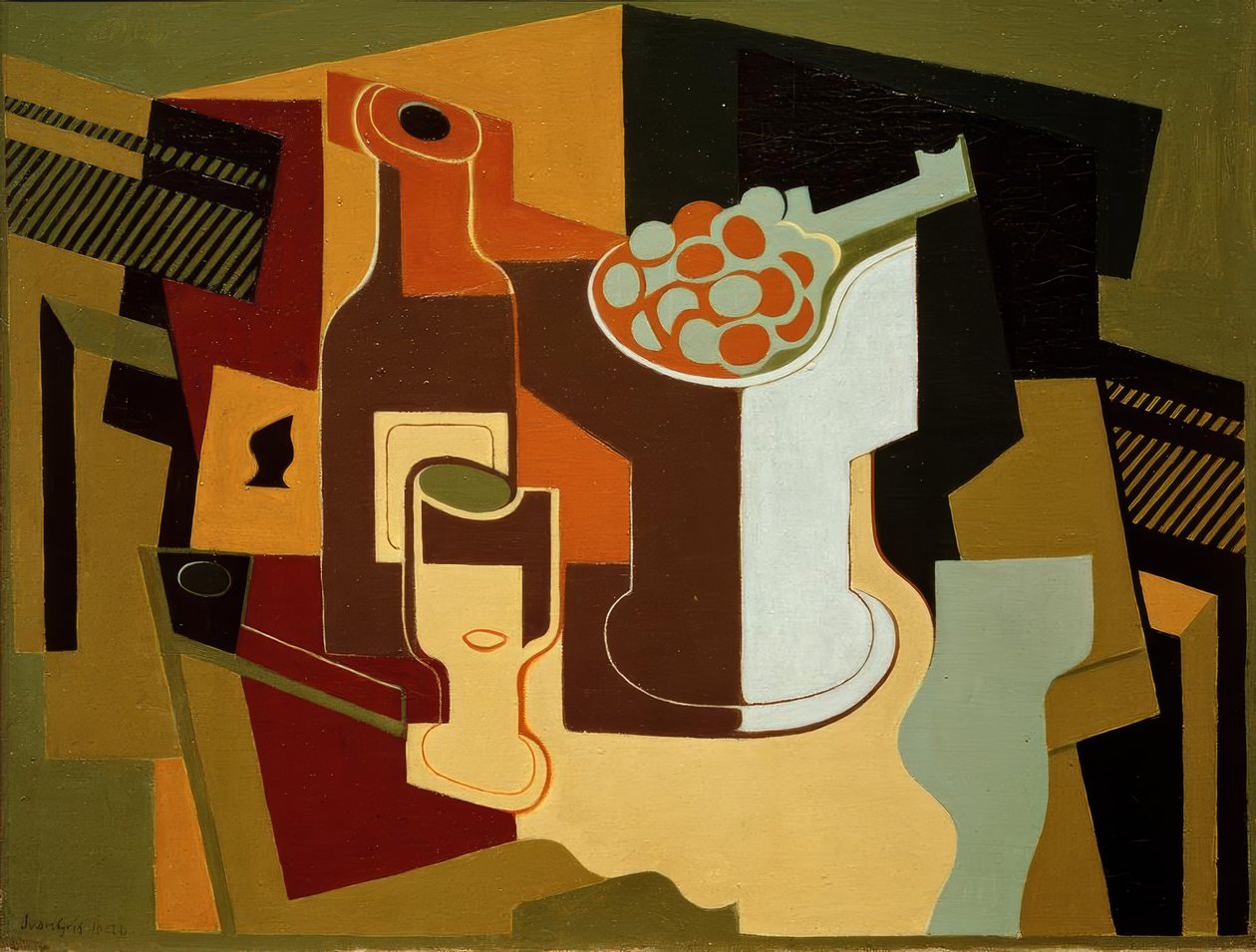 Flasche und Obstschale von Juan Gris