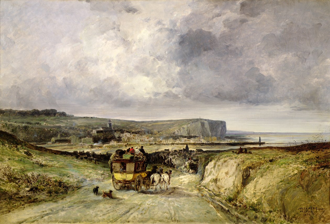 Ankunft einer Postkutsche in Treport, 1878 von Jules Achille Noel