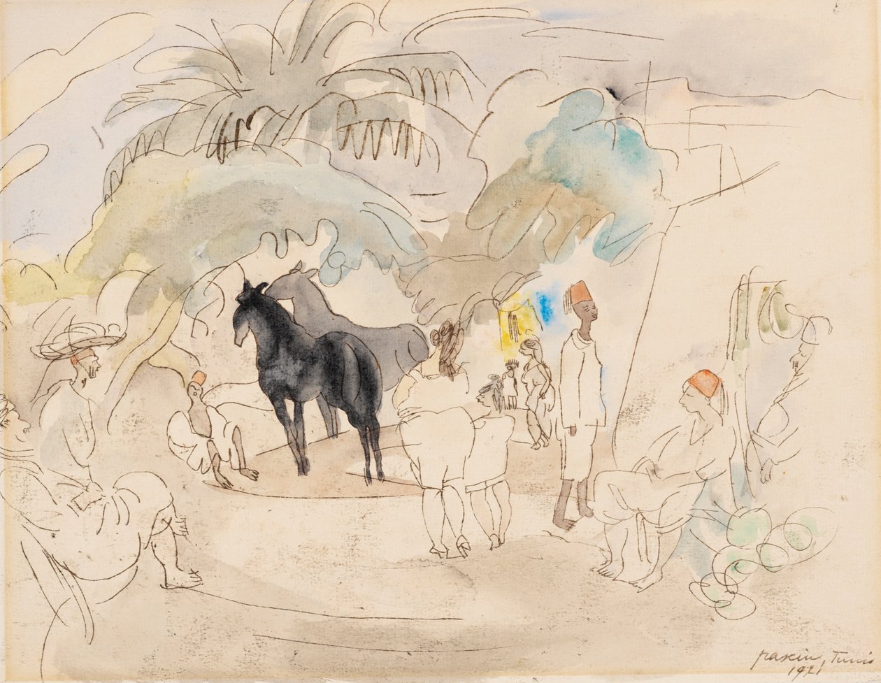 Figuren und zwei Pferde in der Landschaft von Jules Pascin
