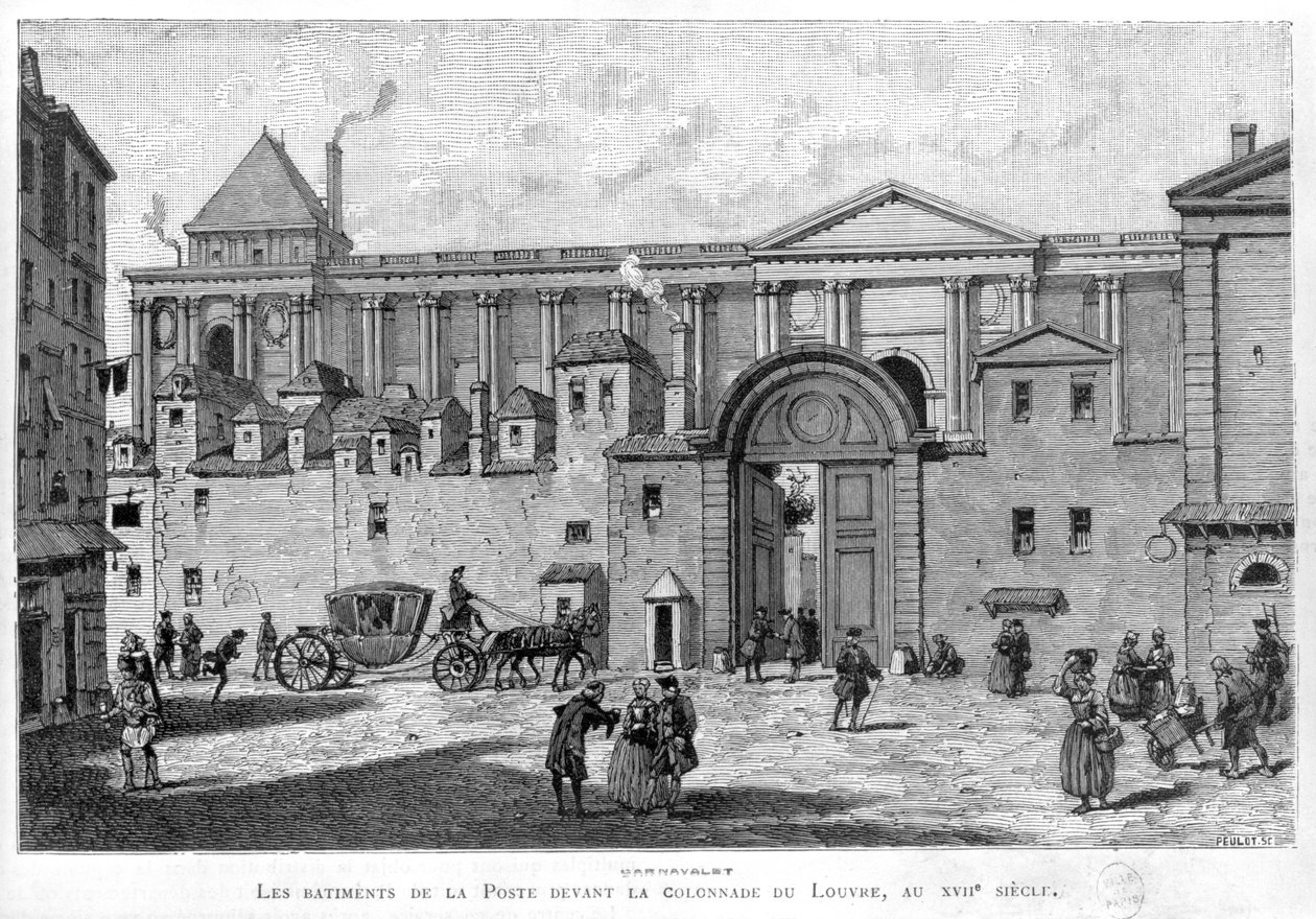 Das Pariser Postamt vor der Kolonnade des Louvre im 17. Jahrhundert von Julien Antoine Peulot