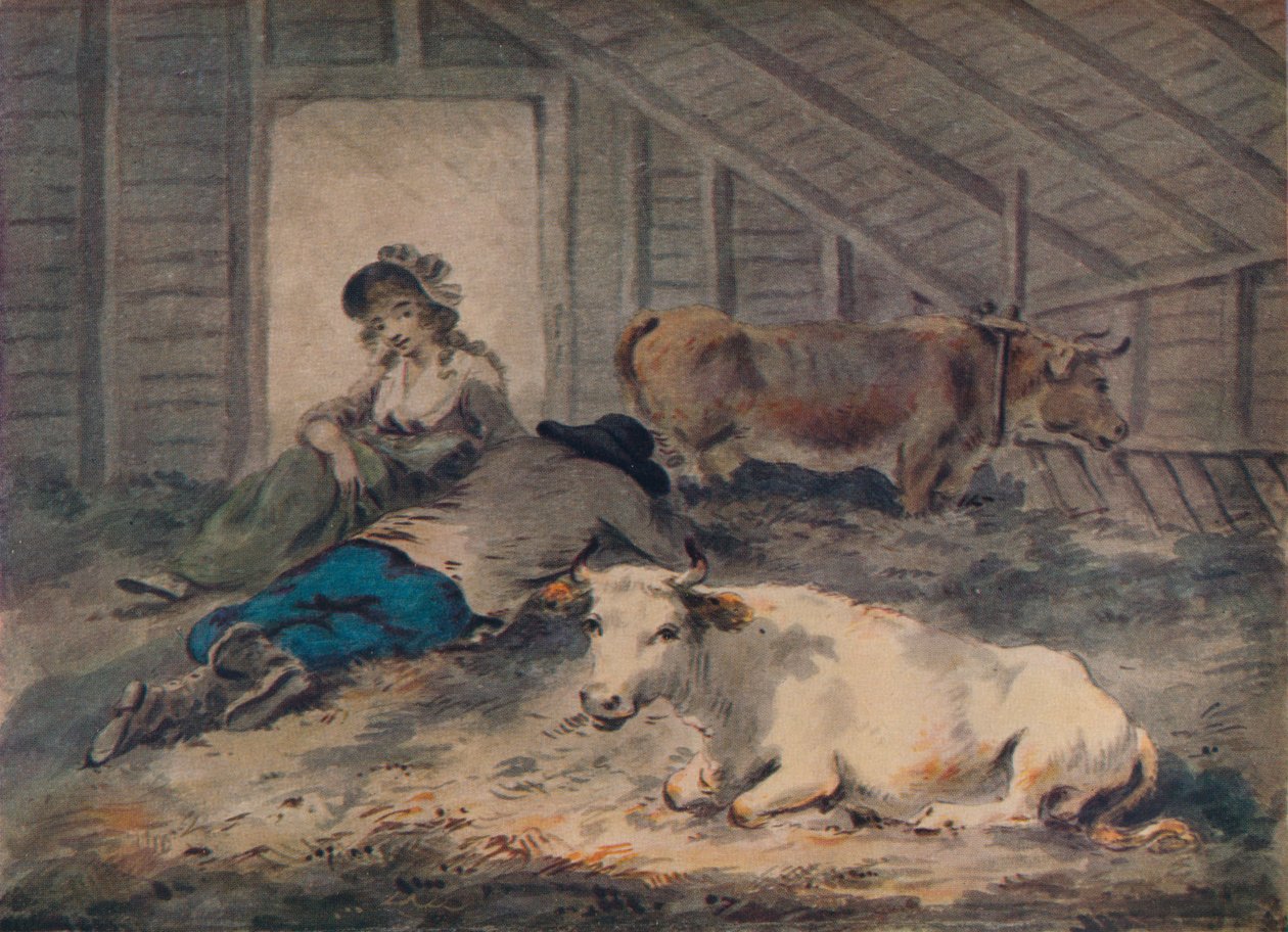 Werbung in einem Kuhstall, um 1801 von Julius Caesar Ibbetson