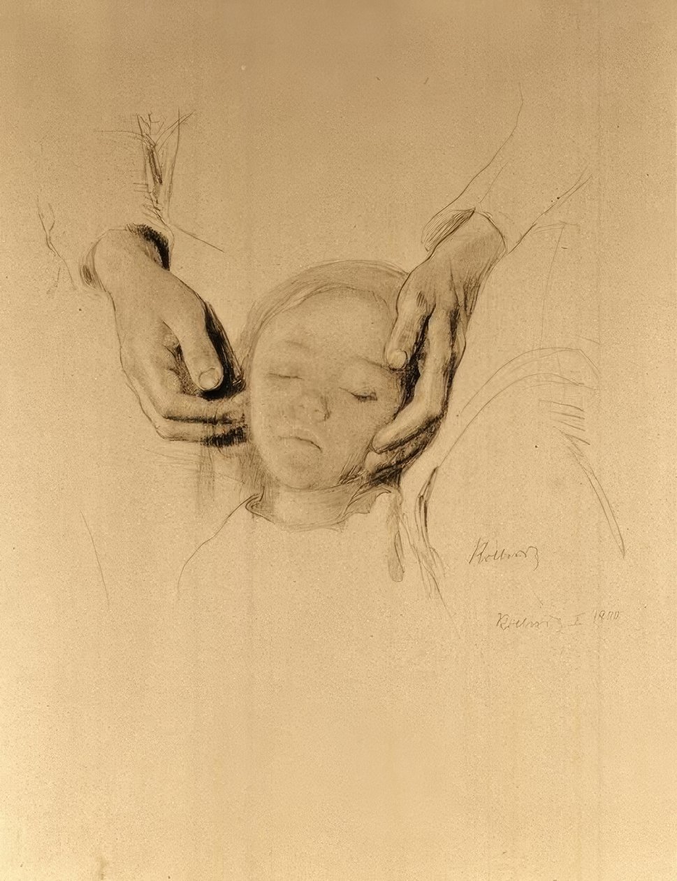 K. Kollwitz, Kopf eines Kindes in Händen von Käthe Kollwitz