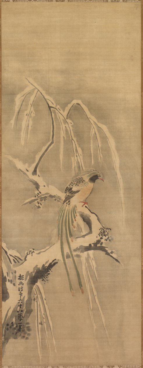 Chinesischer Vogel auf schneebedecktem Ast von Kanō Tan’yū