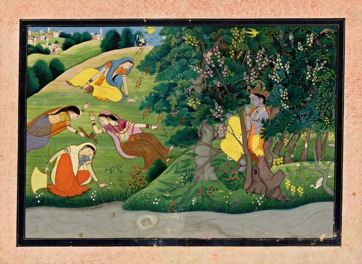 Krishna spielt Flöte für die Milchmädchen von Unknown