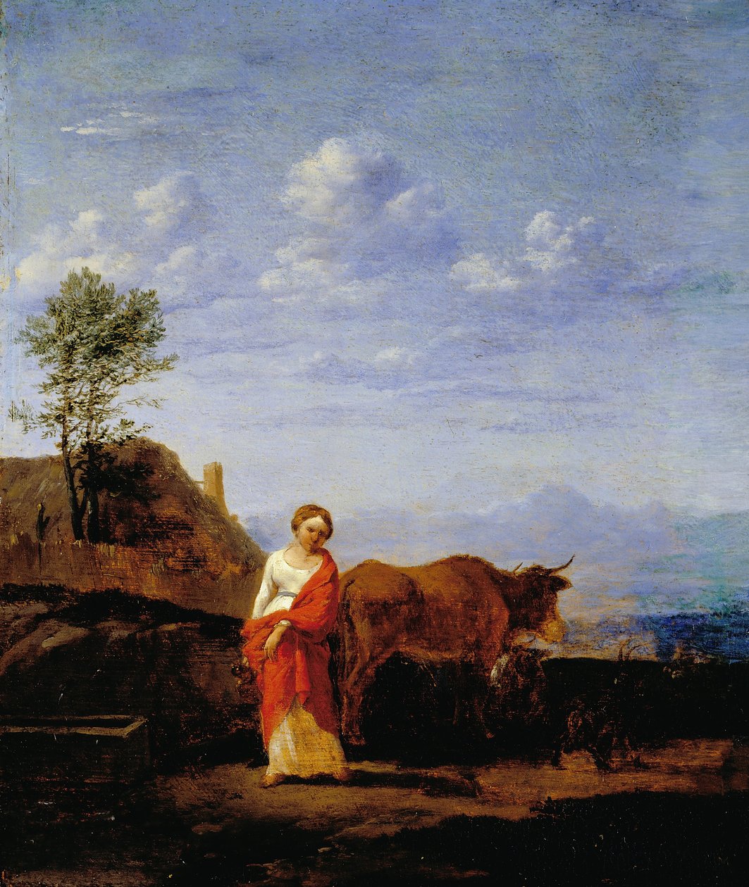 Eine Frau mit Kühen auf einer Straße von Karel Du Jardin