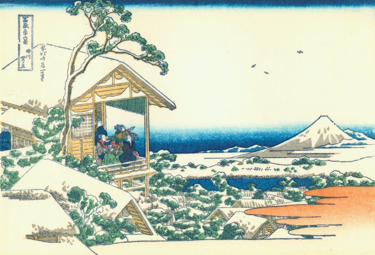 Teehaus in Koishikawa. Der Morgen nach einem Schneefall von Katsushika Hokusai