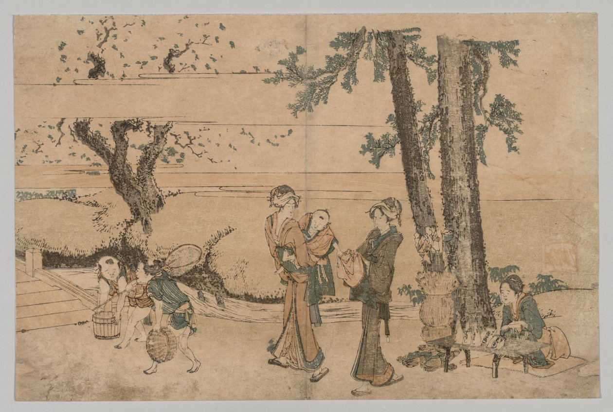 Gruppe von Figuren in der Nähe eines Baches von Katsushika Hokusai