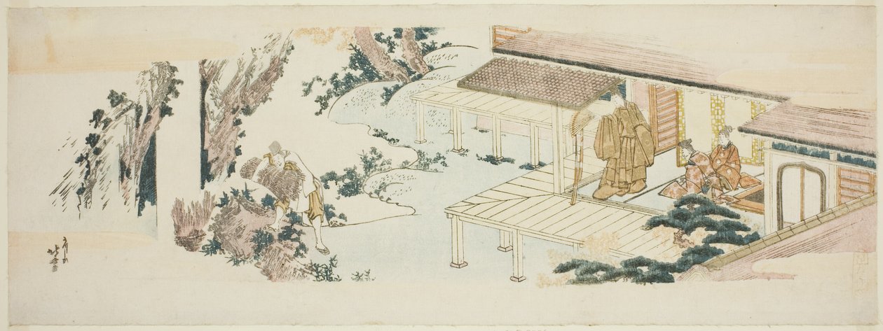 Diener wirft Bündel von Zweigen in den Wasserfall von Katsushika Hokusai