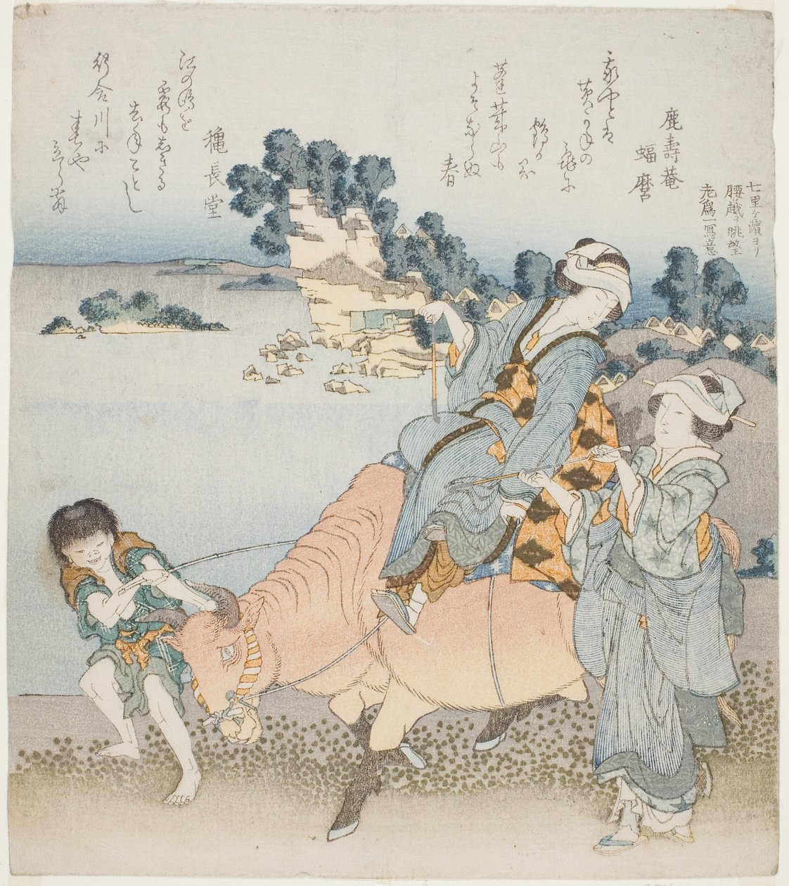Frau reitet auf einem Ochsen von Katsushika Hokusai