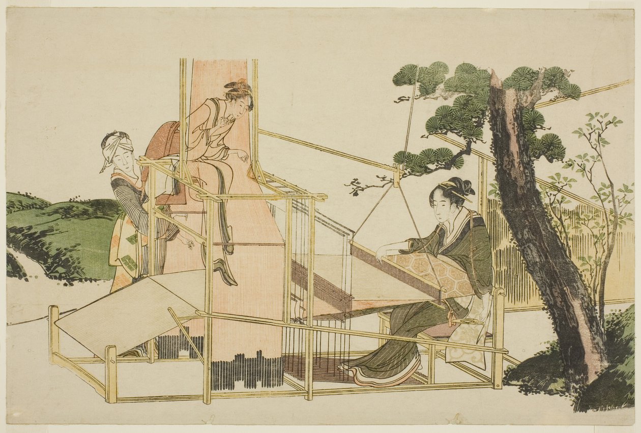 Frauen weben an einem Webstuhl von Katsushika Hokusai